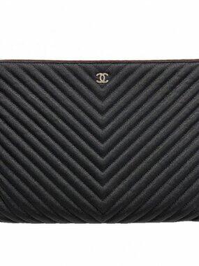 Chanel Clutch Stitch Caviar Leather Black Silver